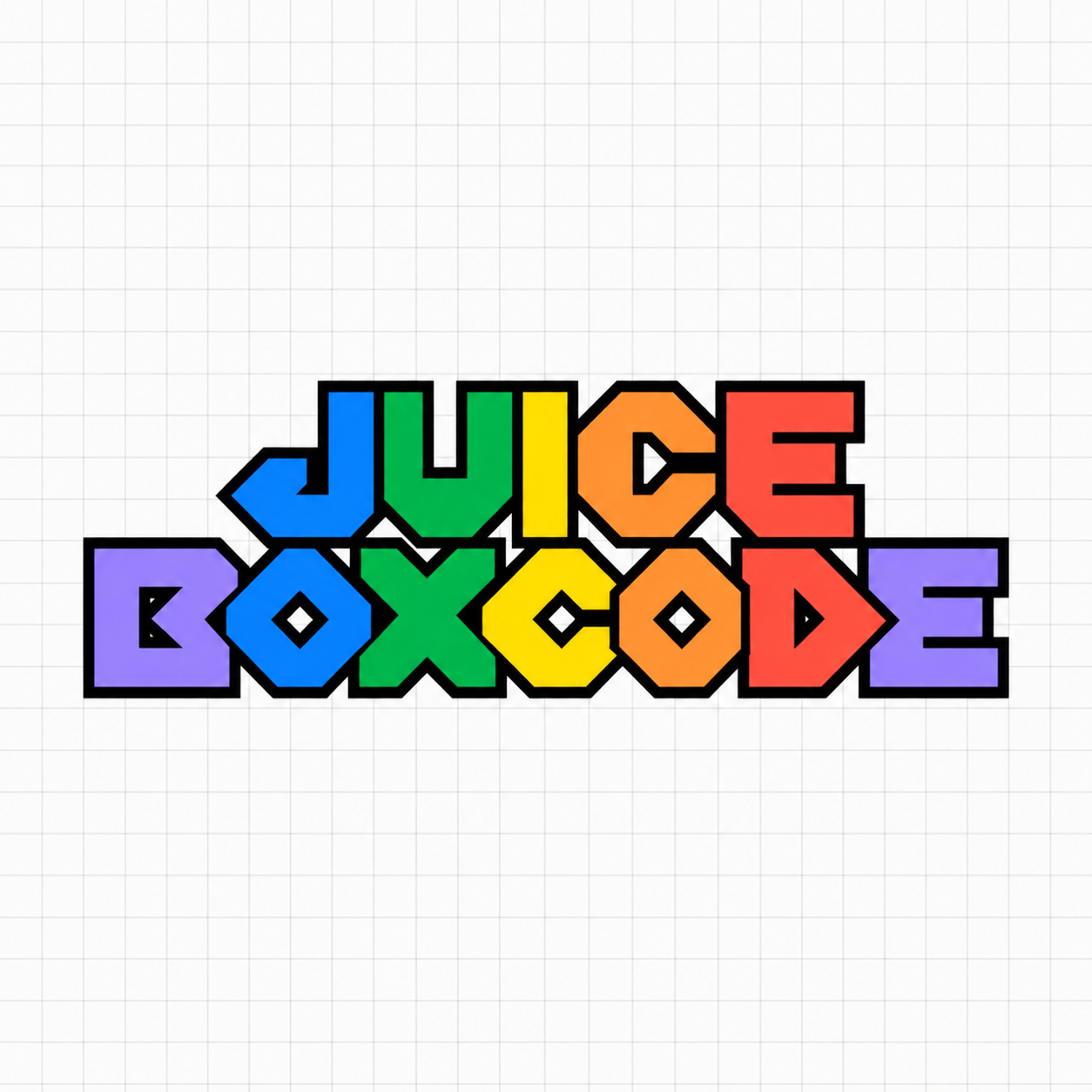 JUICE B0XC0DE — colorful angular lettering with black outlines on pale graph paper